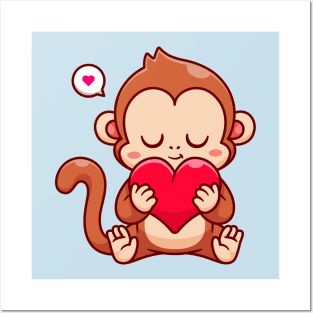 Cute Monkey Holding Love Heart Cartoon Posters and Art